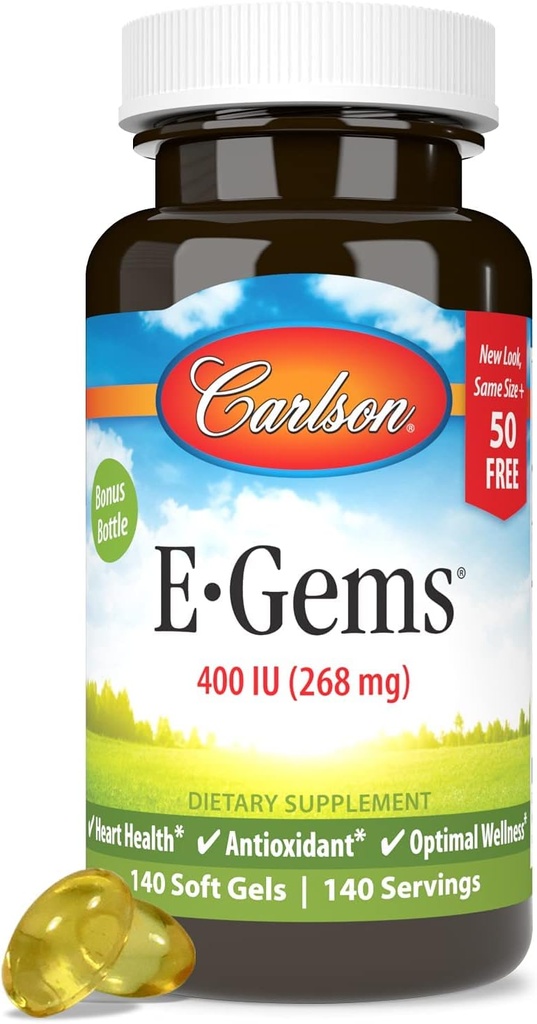 Carlson - E-Gems 400 IU (268 mg), Φυσική Πηγή Βιταμίνη Ε, Βέλτιστη ευεξία, 140 Μαλακά Τζελ