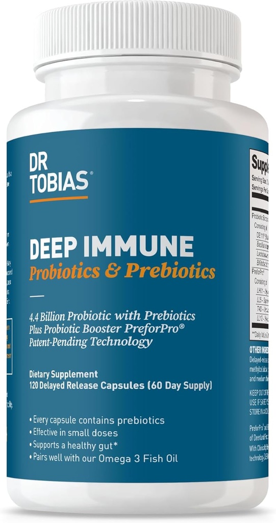 Dr. Tobias Deep Immune Probiyotiks & Prebiyotiks, Dual Action Digestion & Immune Support with PreforPro Prebiyotiks & Geed Release Spore Form Probiyotiks for Women & Men, 120 Capsules, 60 Servisler