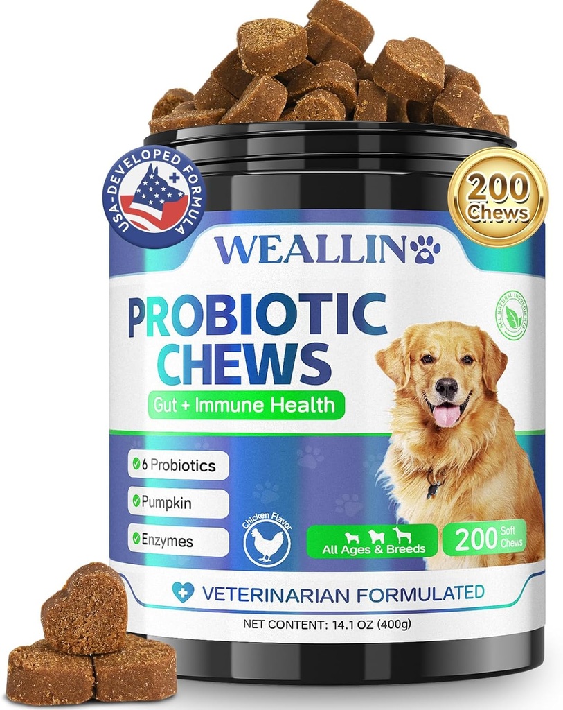 Köpekler için 200 PCS Probiyotikleri - Dog Probiyotik Chews for Gut Health, Digestive Support & Itchy Skin Relief Pet Diarrhea Gas Tedavisi - Probiyotiks, Digestive Enzymes, Prebiyotiks, Riley