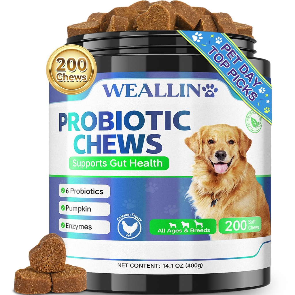 Köpekler için 200 PCS Probiyotikleri - Dog Probiyotik Chews for Gut Health, Digestive Support & Itchy Skin Relief Pet Diarrhea Gas Tedavisi - Probiyotiks, Digestive Enzymes, Prebiyotiks, Riley