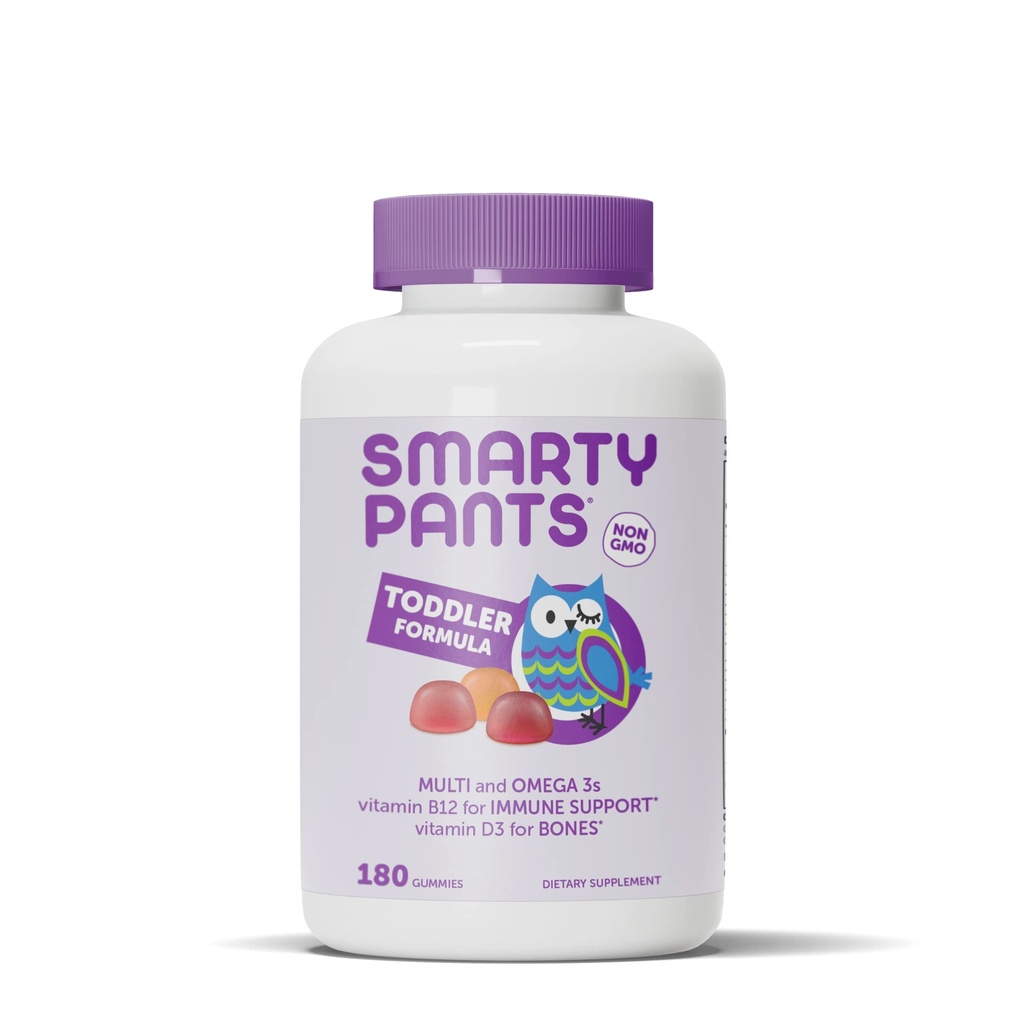SmartyPants Toddler Multivitamin Gummies: Omega 3 Fish Oil (EPA/DHA), D3, C, B12, B6, A, K & çinko, Biotin, Beta Carotene, Gluten Free, Three Fruit Flavors, 180 Count (60 Day Supply)