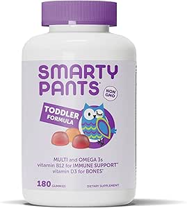 SmartyPants Toddler Multivitamin Gummies: Omega 3 Fish Oil (EPA/DHA), D3, C, B12, B6, A, K & çinko, Biotin, Beta Carotene, Gluten Free, Three Fruit Flavors, 180 Count (60 Day Supply)