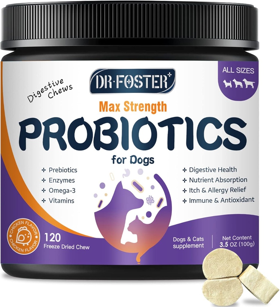 Köpekler, Freeze-Dried Dog Probiyotiks ve Digestive Enzymes, Plus Omega-3 for Itchy Skin, 3-in-1 Prebiyotiks for Digestive Health, Dog Vitamins and Supplements for Immune Health, 120 Bites