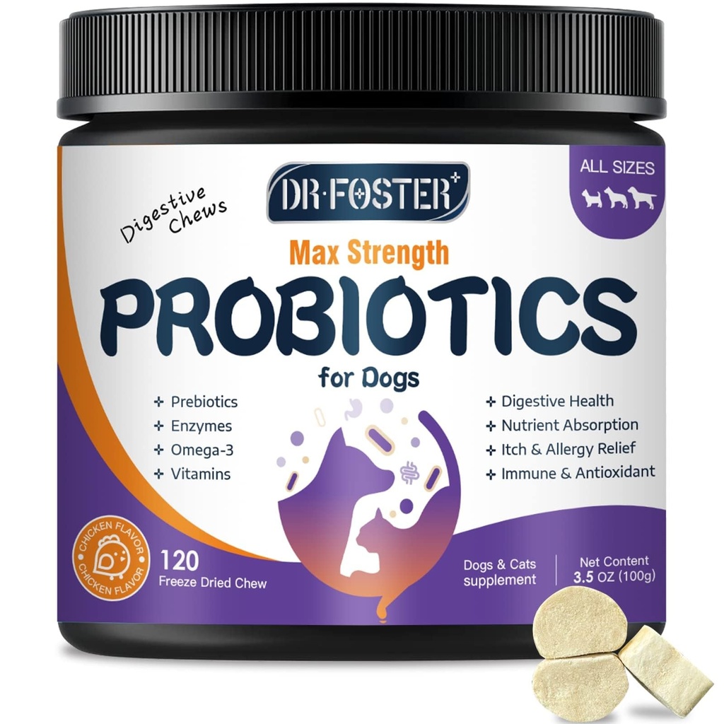 Köpekler, Freeze-Dried Dog Probiyotiks ve Digestive Enzymes, Plus Omega-3 for Itchy Skin, 3-in-1 Prebiyotiks for Digestive Health, Dog Vitamins and Supplements for Immune Health, 120 Bites