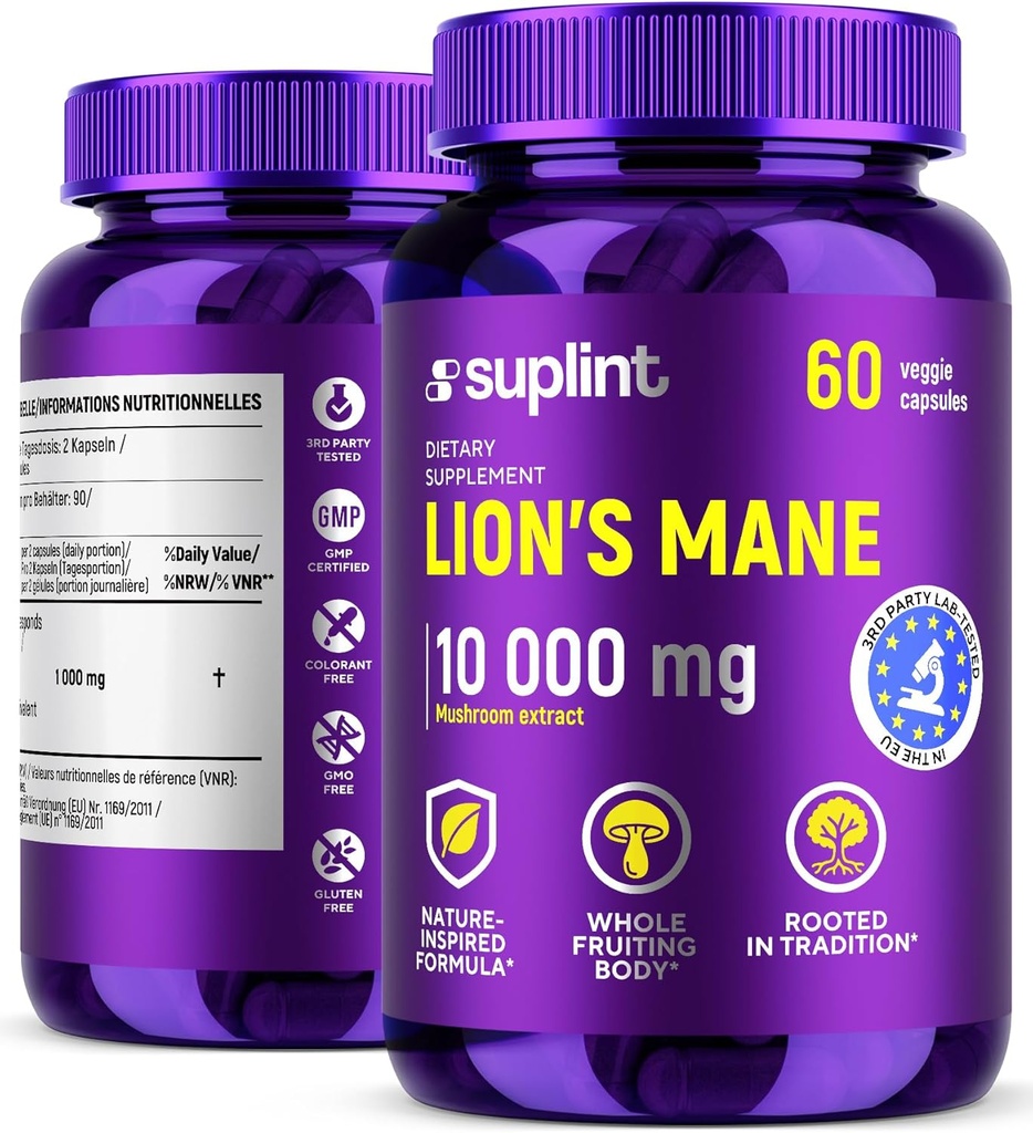 Lion's Mane Mushroom Supplement 10.000 mg | Diyetsel Supplements for Memory, Focus & Clarity | Daily Immune System Support Complex for Women & Men | Non-GMO, Gluten-Free, Vegan | 60 Capsules