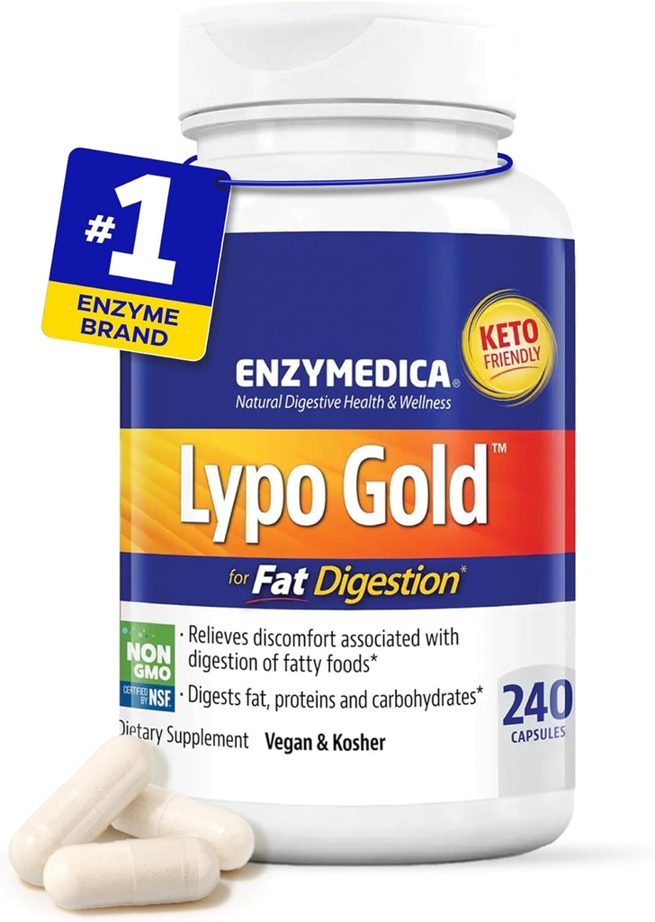 Enzymedica Lypo Gold, Yüksek Potency Lipase Digestive Enzymes for Fat Digestion, Supports Occasional Bloating Relief & Digestive Health, Keto-Friendly, Vegan, 240 Capsules