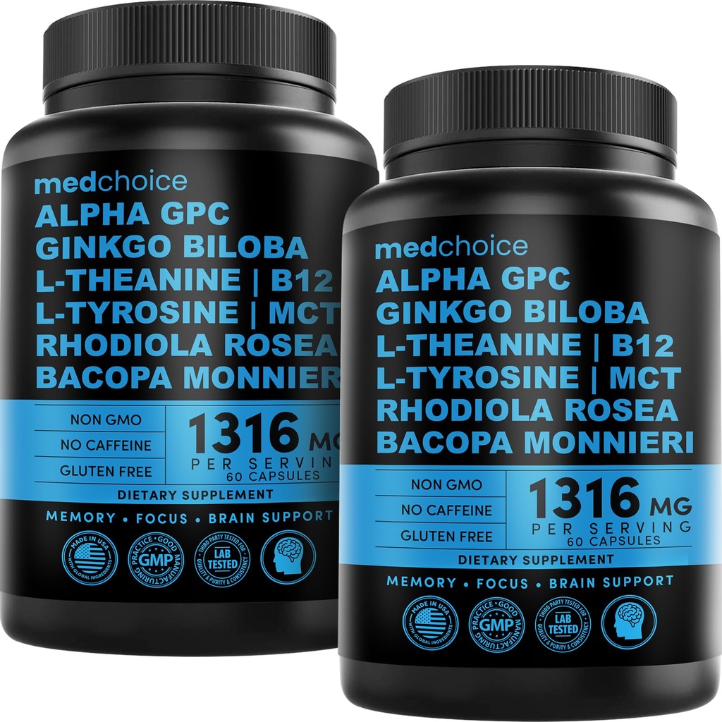 12in-1 Nootropic Brain Supplement Anhidrus: Ginkgo Biloba for Brain Support, Memory and Focus - B12, Alpha GPC, L Theanine and Choline Supplements with Bioperine Non Caffeinated 1321 mg (120ct)