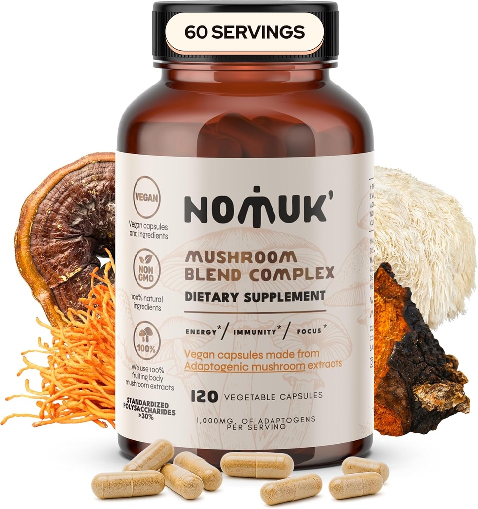 Adaptojenik Mushroom Extract Mix Lions Mane, Reishi, Cordyceps, Chaga Supplement, 120 Capsules.