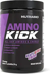 NutraBio Dee Kick – BCAA Toz Doğal Caffeine – Enerji, Hydration & Recovery – BCAAs, Electrolytes & Amino Asits – Grape Berry Crush, 30 Hizmet