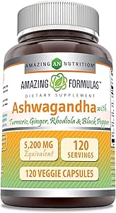Amazing Formulas Ashwagandha Supplement | Contains Turmeric, Ginger, Rhodiola, & Black Pepper | 5200 Mg Per | Veggie Capsules | Non-GMO | Gluten-Free | Made in USA (1 Pack | 120 Count)