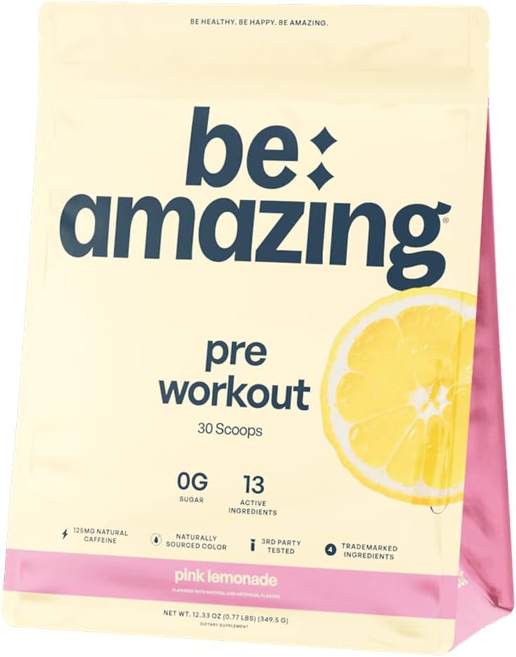 BE AMAZING Pre Workout Toz, Vegan Supplement with 125 mg Natural Caffeine, Ashwagandha ve Adaptogens, Sugar Free Drink Mix for Men and Women, Gluten Free, Non GMO, Pink Lemonade, 30 Servisler