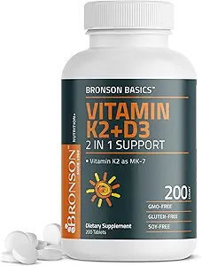 Bronson Vitamin K2 D3 (MK7) Tamam Non-GMO Formula D3 5000IU (125 mcg) & 90 mcg K2 MK-7, Sw D & K Kompleksi, 200 Tabletler
