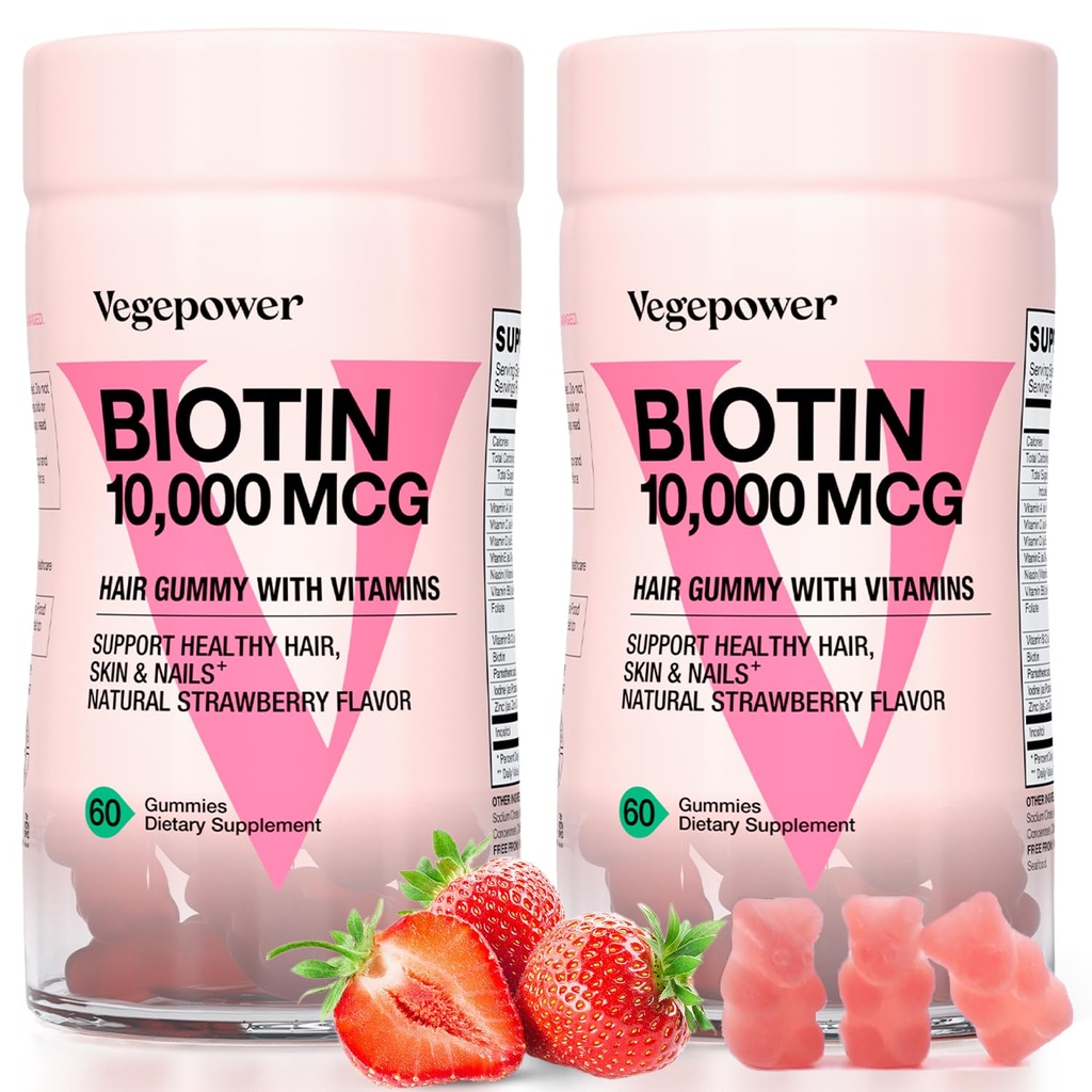 Biotin Gummies 10000mcg Supplements - Vitamin C, A, D, B-Complex, Folate, Kadınlar ve Kızlar için çinko - Vegan Biotin Saç Büyümesi Sağlıklı Saç ve Çiçekler için Gummy, Non-GMO, Strawberry, 120 Bear