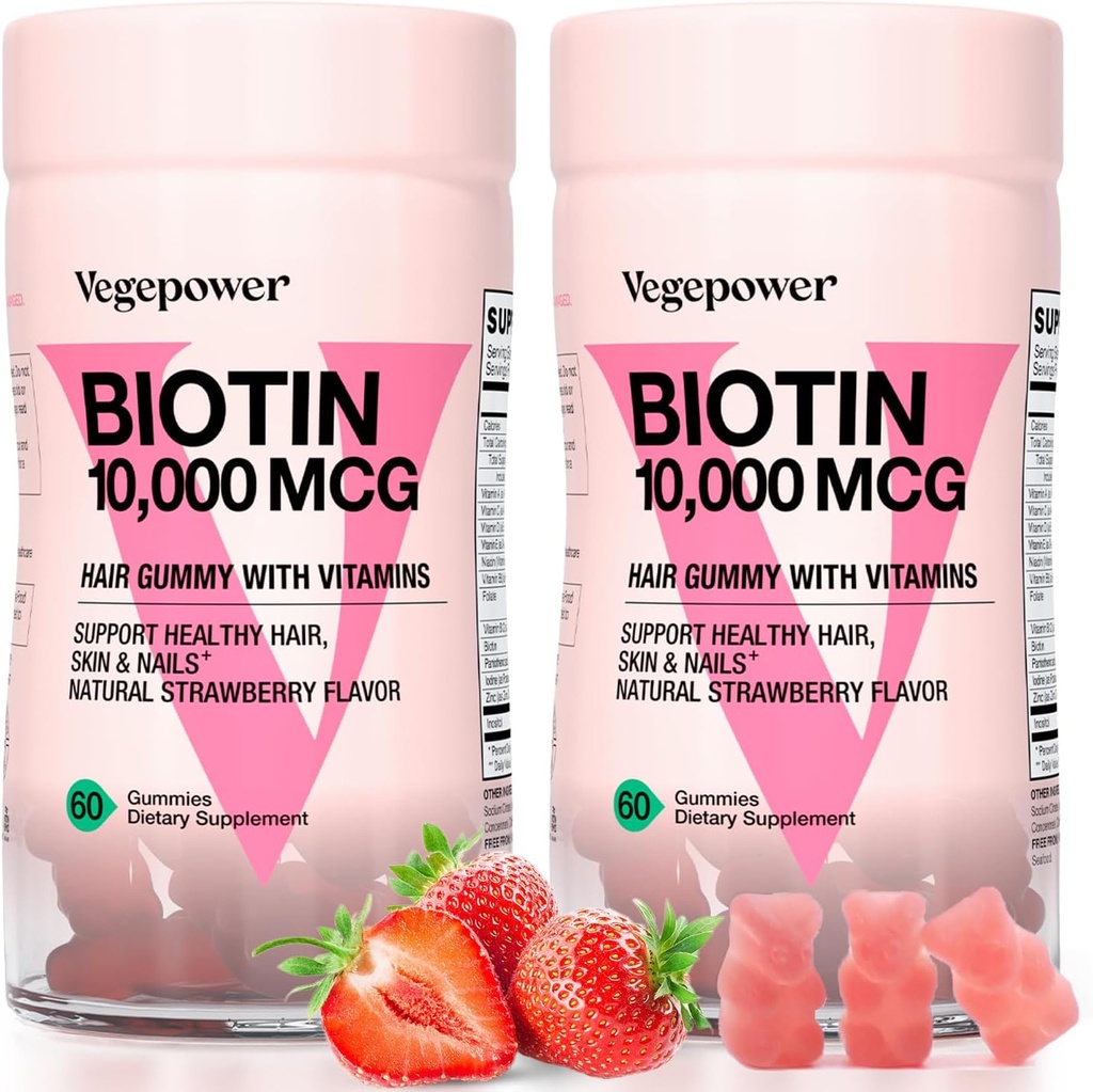 Biotin Gummies 10000mcg Supplements - Vitamin C, A, D, B-Complex, Folate, Kadınlar ve Kızlar için çinko - Vegan Biotin Saç Büyümesi Sağlıklı Saç ve Çiçekler için Gummy, Non-GMO, Strawberry, 120 Bear