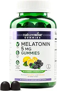 NatureWise Melatonin Gummies 5mg - Ashwagandha, Valerian Root - BlackBerry-Lemon Flavor - Vegan, Gluten Free, Non-GMO - 90 Count[45-Day Supply]