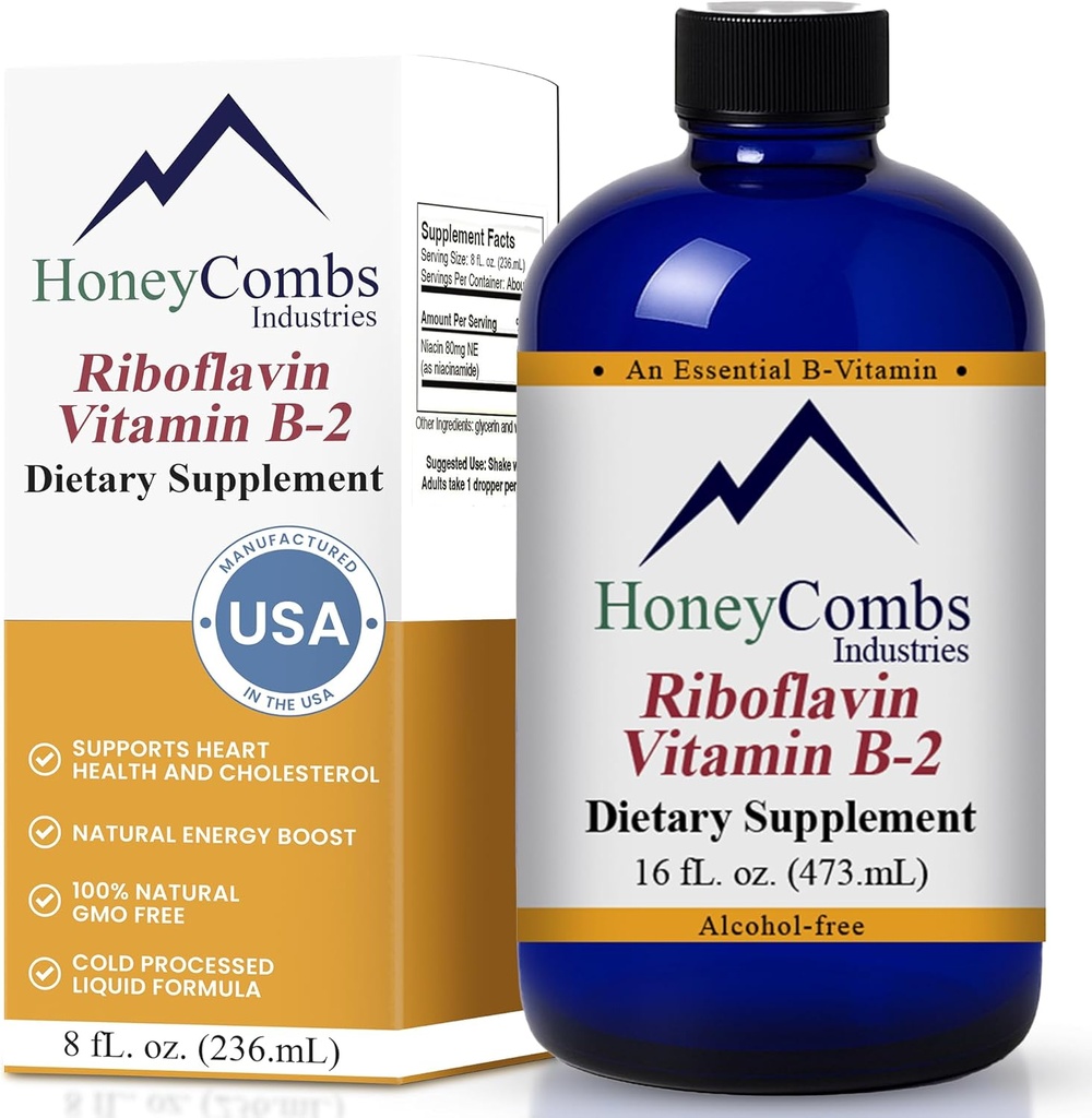 HoneyCombs Vitamin B2 Riboflavin Supplement Liquid Drops - Erkekler ve Kadınlar için Yüksek Potency Vitamin B2 - Sağlıklı Digestion, Nervous System, Hair, Skin, Nails - Vegan Sıvı Vitaminler (16 Fl oz)