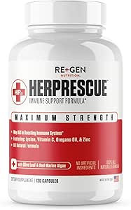 Re+Gen Nutrition HERPRESCUE Outbreak Support Supplement, Cold Sore Care for Adults, Natural Capsules w/Zinc, Vitamin C, & L lysine Amino Acid for Immune Health, 120 Capsules