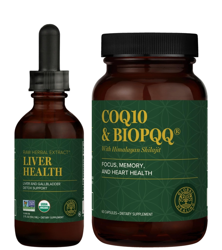 Global Healing Center – Liver Health & CoQ10 & BioPQ ile Shilajit Kit - Sağlıklı Kan Akışı için sıvı damlalar, Vein Circulation & Advanced Heart, Brain Support for Concentration & Focus