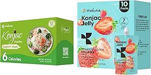 Hethstia Konjac Jelly Strawberry Flavor Collagen Peptides 10 Paket ve Konjac Spaghetti Gluten Free 12 Packs, Low Calorie, Sugar Free, Keto, Sağlıklı Gıda