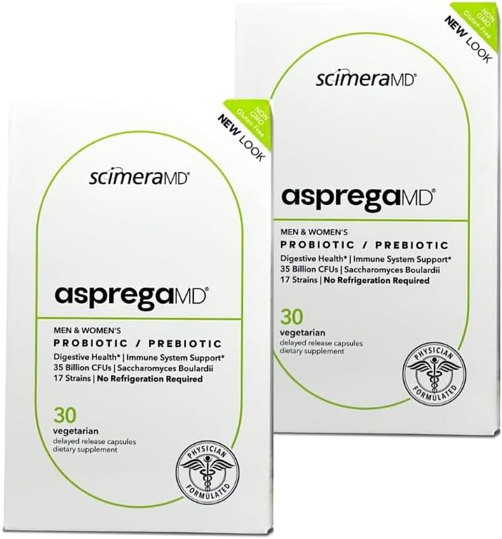Asprega 30CT - Probiyotik + Prebiyotik Supplement | 17 Strains, 35 Milyar CFUs | Gecikme | Saccharomyces Boulardii | for Men & Women | by ScimeraMD, 2Pack