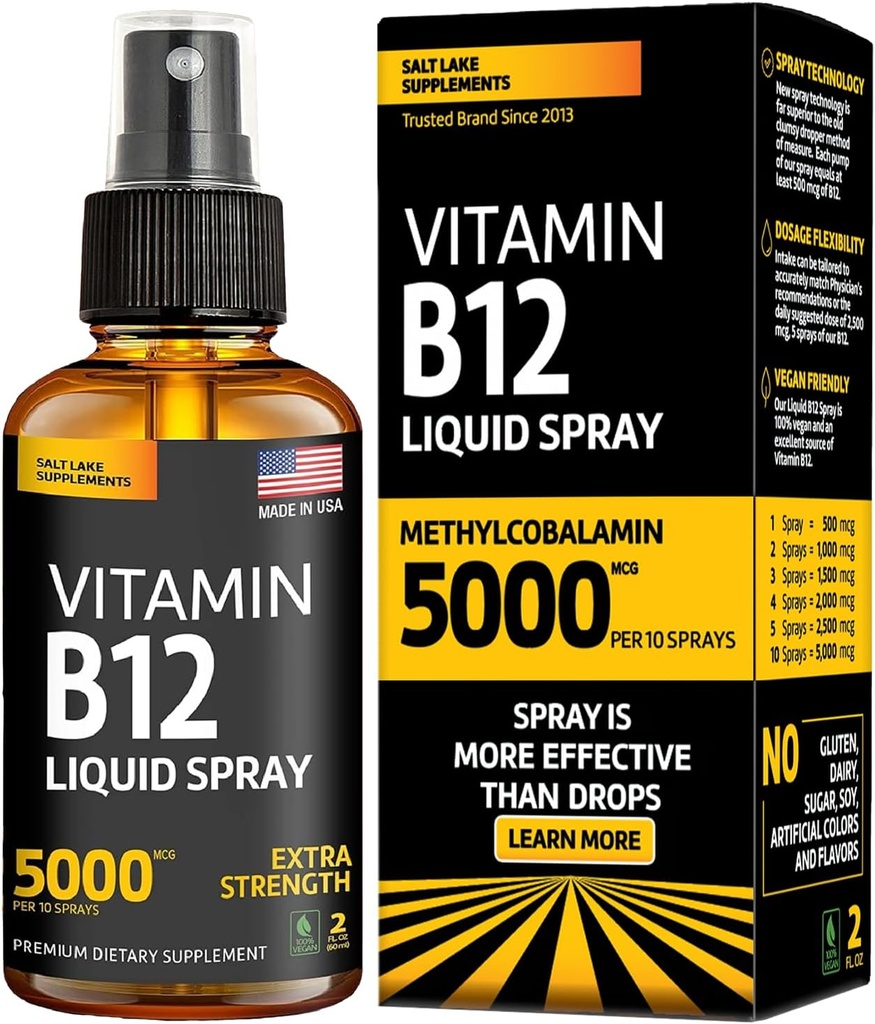 B12 Vitamini 5000 mcg - Vegan Mecobalamin Sıvı B12 Boost Energy, Mood & Brain Health - Gluten-Free, Non-GMO B12 Sprey for Men & Women - Easy Dosage (5000 mcg in 10 Mixs)