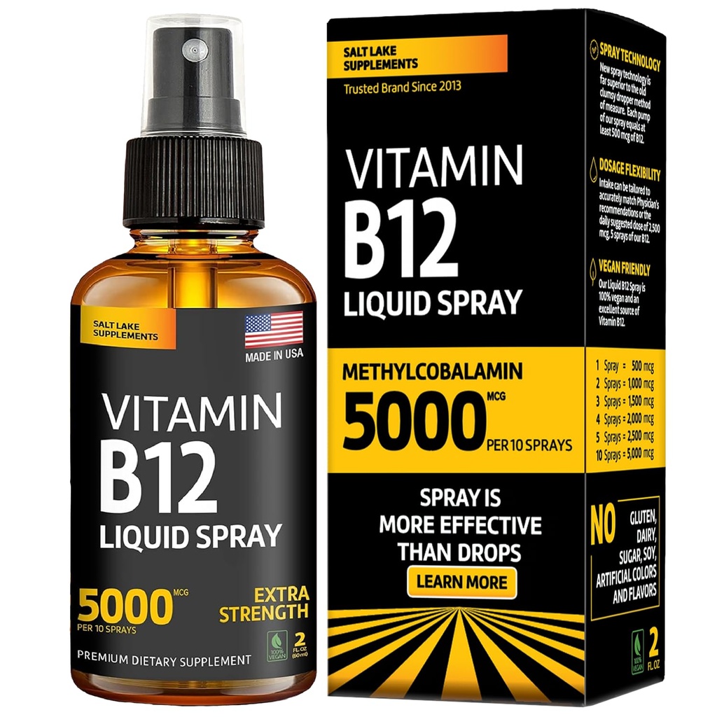 B12 Vitamini 5000 mcg - Vegan Mecobalamin Sıvı B12 Boost Energy, Mood & Brain Health - Gluten-Free, Non-GMO B12 Sprey for Men & Women - Easy Dosage (5000 mcg in 10 Mixs)