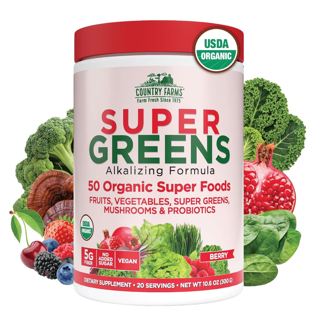 Χώρα Αγροκτήματα Βιολογικά Super Greens Berry Flavor, 50 Βιολογικά Super Foods, Συσκευασμένα με Ίνες, USDA Βιολογικό Μείγμα Ποτών, Φρούτα, Λαχανικά, Μανιτάρια & Προβιοτικά, Υποστήριξη Ενέργειας, 5g Fiber