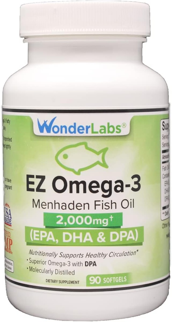 Atlantic Menhaden Fish Oil Omega-3 2000 mg, Burpless, Made in The USA, Perfect Balance of EPA+ DHA + DPA 90 Softgels