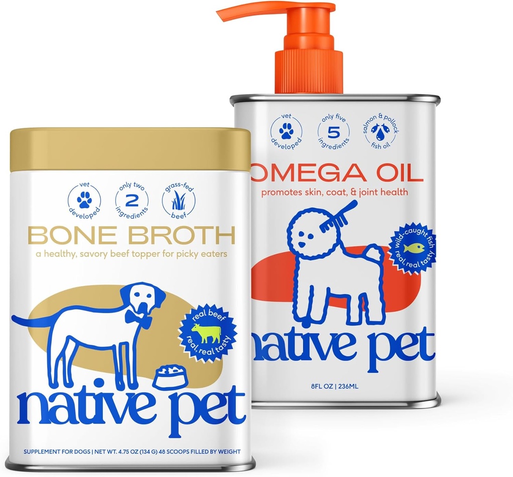 Köpekler için Yerli Pet Omega Oil (8 oz.) & Beef Bone Broth for Dogs (4.75 oz.) - Wild Alaskan Salmon Oil - EPA DHA ve Bone Broth Toz Yiyecek Picky Eater için Topper