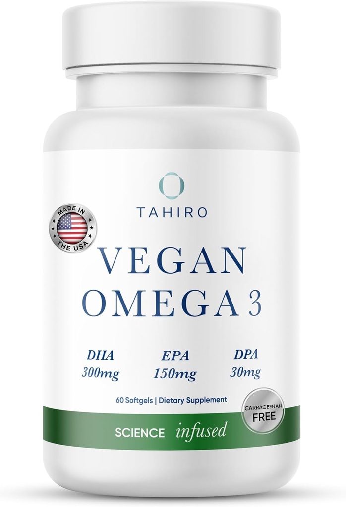 TAHIRO Vegan Omega-3 Softgels - φυτικό συμπλήρωμα με DPA, DHA & EPA - θρεπτικά συστατικά για άνδρες, γυναίκες και έγκυες γυναίκες - Υποστηρίζει την υγεία του εγκεφάλου - προγεννητική & κοινά συμπληρώματα, 1000mg
