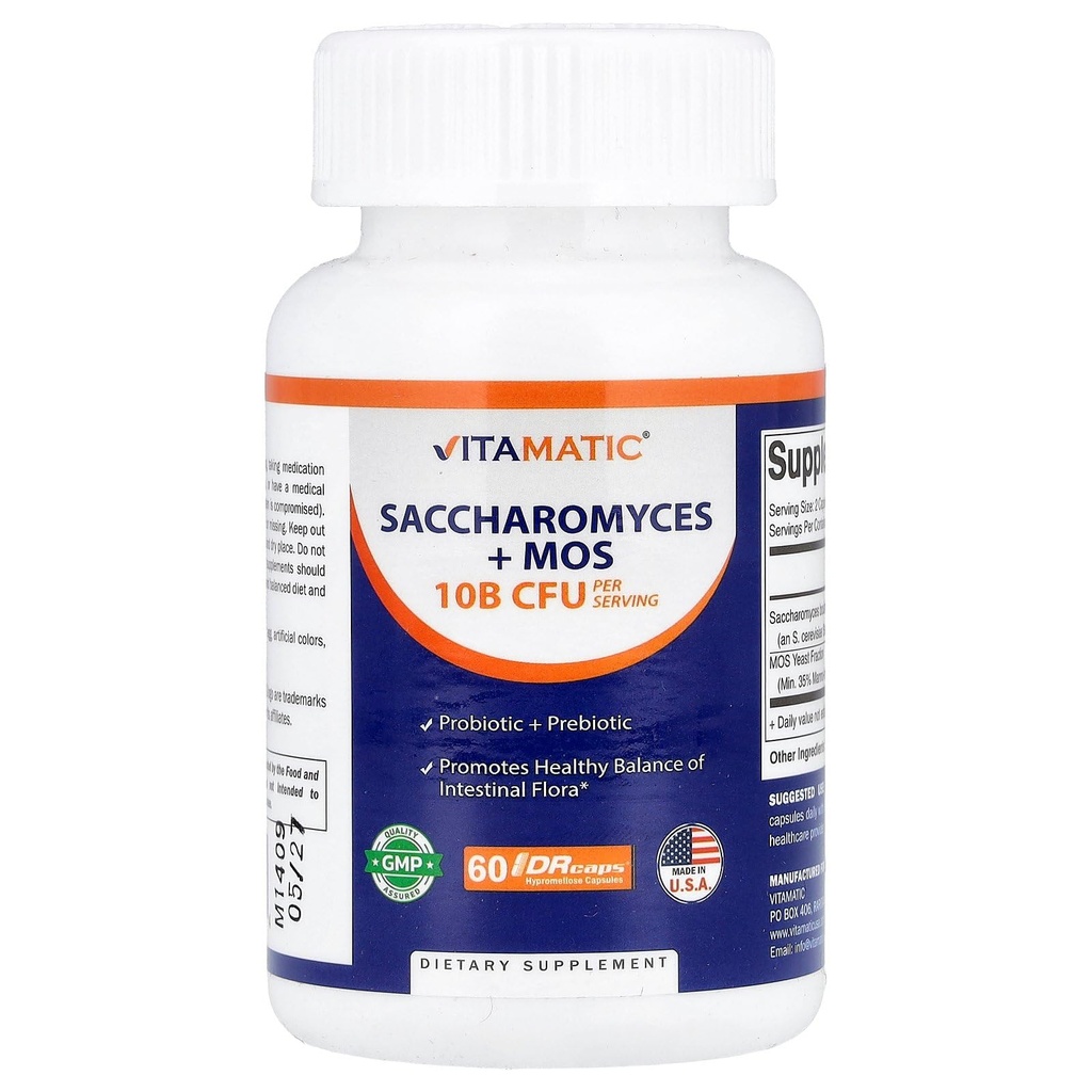 Vitamatic Saccharomyces Boulardii Probiyotik 10B hizmet başına + Yeast Extract (MOS Yeast Fraction) 300 mg - 60 DR Capsules - ABD'de Yapılan