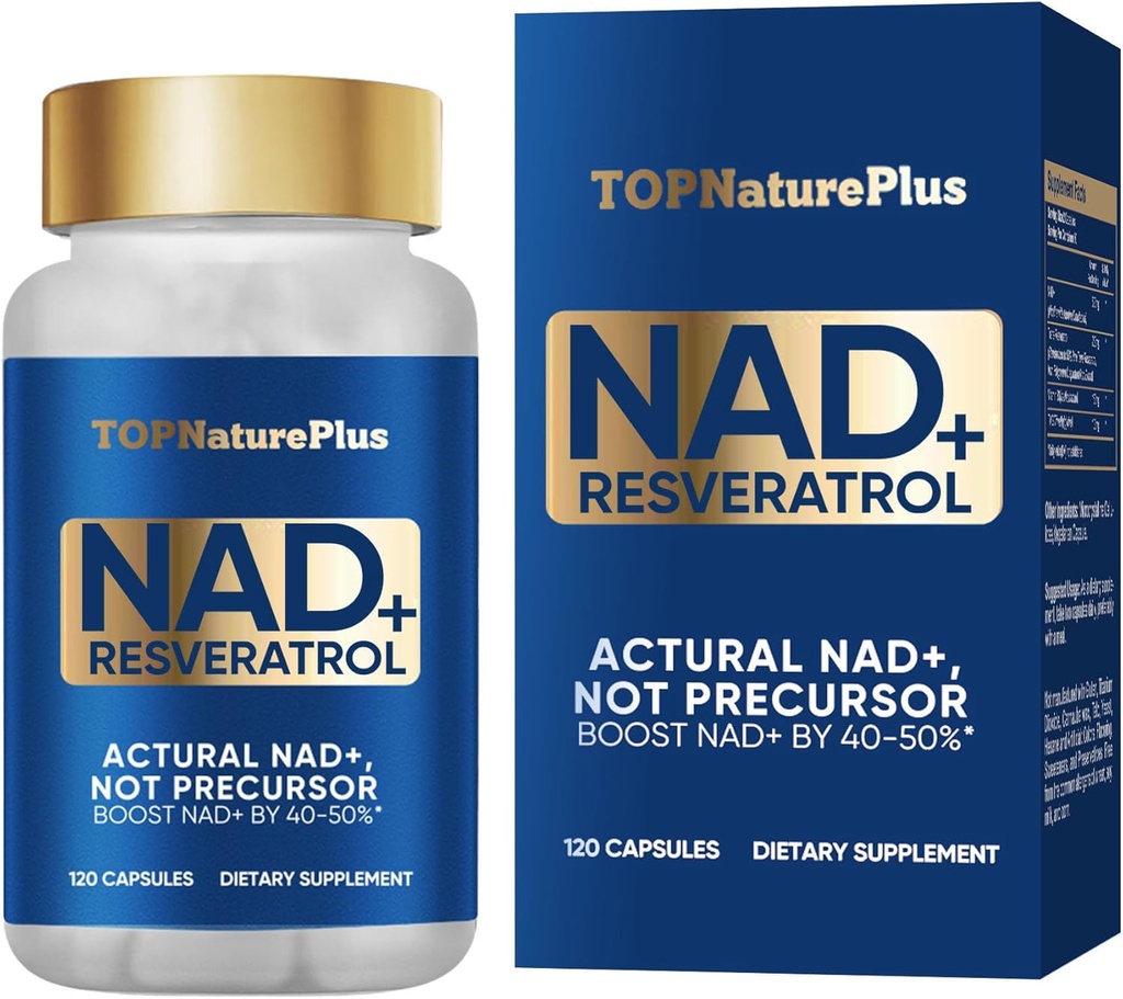 NAD+ Supplement 1000 mg Pure Organic, Highest NAD+ Resveratrol Tamam Max Abpsiyon for Energy and DNA Tamir, Aging Defense, Brain Function Support, 120 Capsules