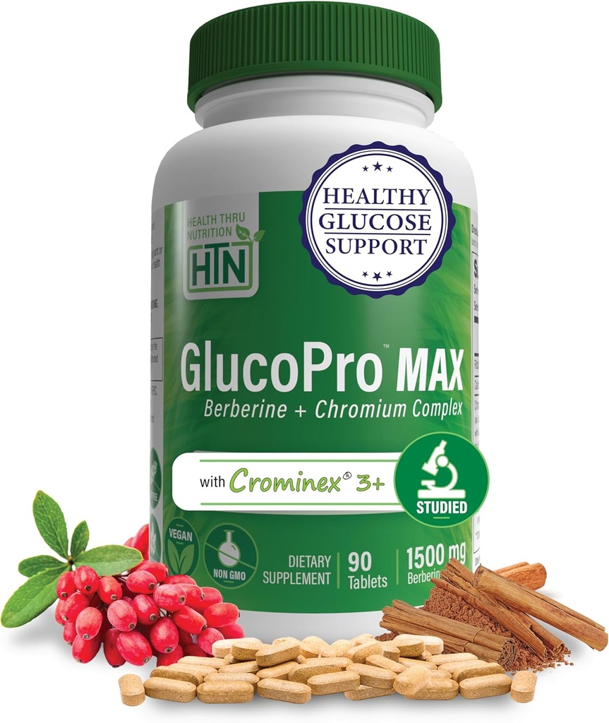 Health Thru Nutrition GlucoPro Max - with 1,500mg Berberine, Chrominex + Chromium, and 1,000mg Cinnamon | Vegan, Non-GMO, Gluten Free | Pack of 90