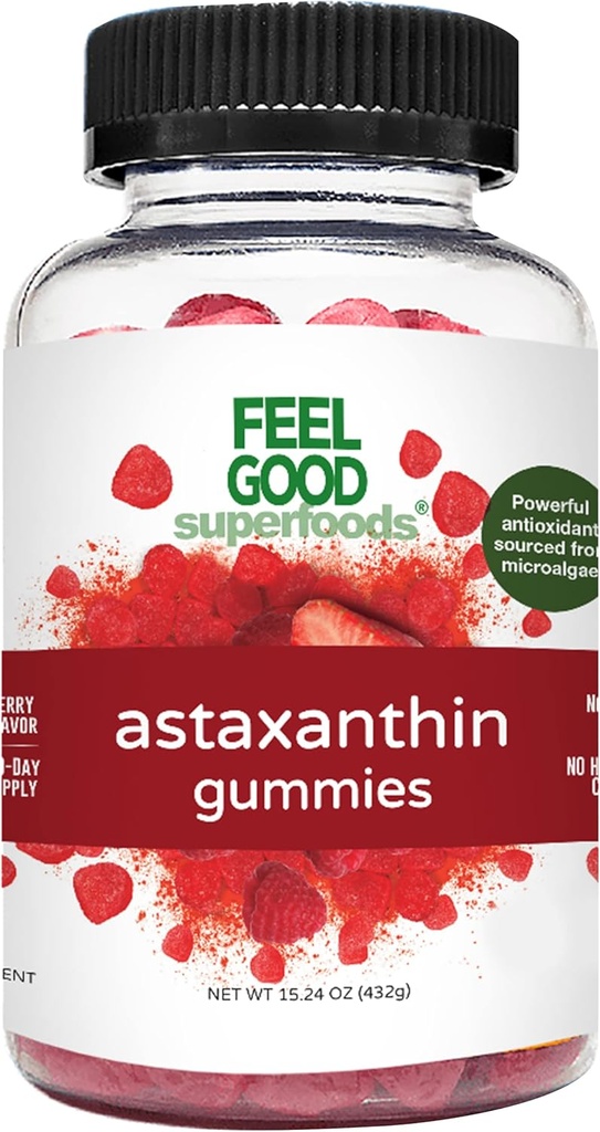 Feel Good Superfoods Astaxanthin Supplements, 6 mg Antioxy Gummies for Skin and Eye Health, Berry Flavor, Vegan, Non-GMO, 60 Count