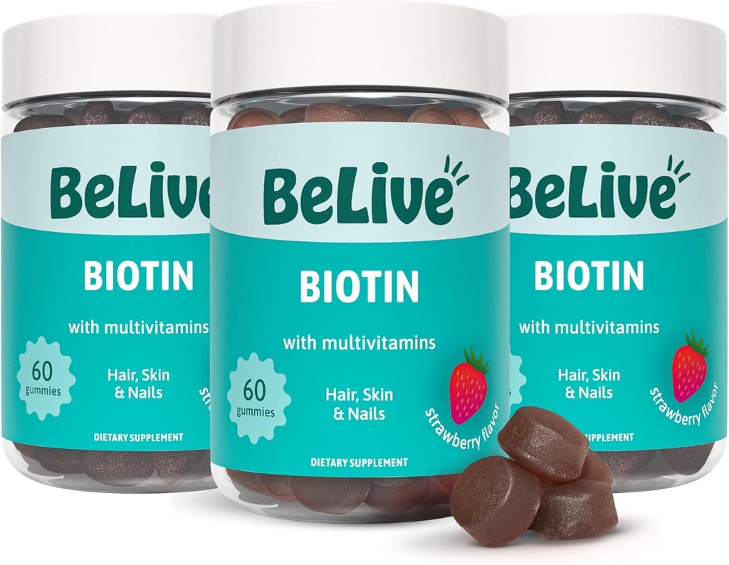 Belive Biotin Gummies - Δέρμα, νύχια & βιταμίνες μαλλιών με A, C, D, E, B12, Ψευδάργυρος, Folate & Ινοσιτόλη, Biotin συμπλήρωμα για την καταπολέμηση της γήρανσης, την ενέργεια & Collagen Boost, Multivitamin Gummies - Φράουλα 3-Pack