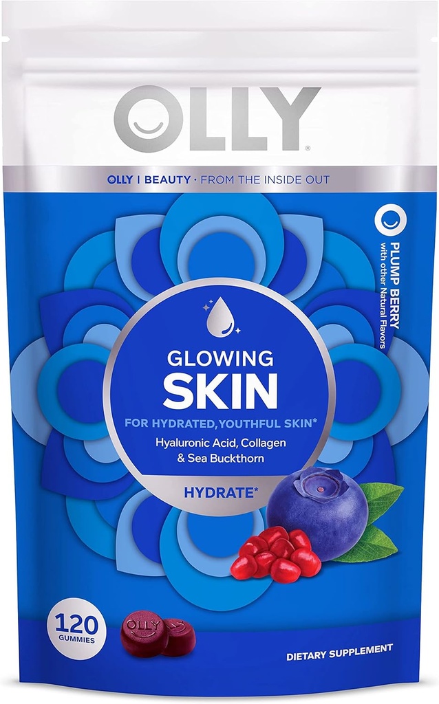 OLLY Glowing Skin Collagen Gummy, Hydrated, Youthful Skin, Hyaluronic Acid, Sea Buckthorn, Chewable Supplement, Berry, 60 Day Supply - 120 Count Pouch ( Borc)