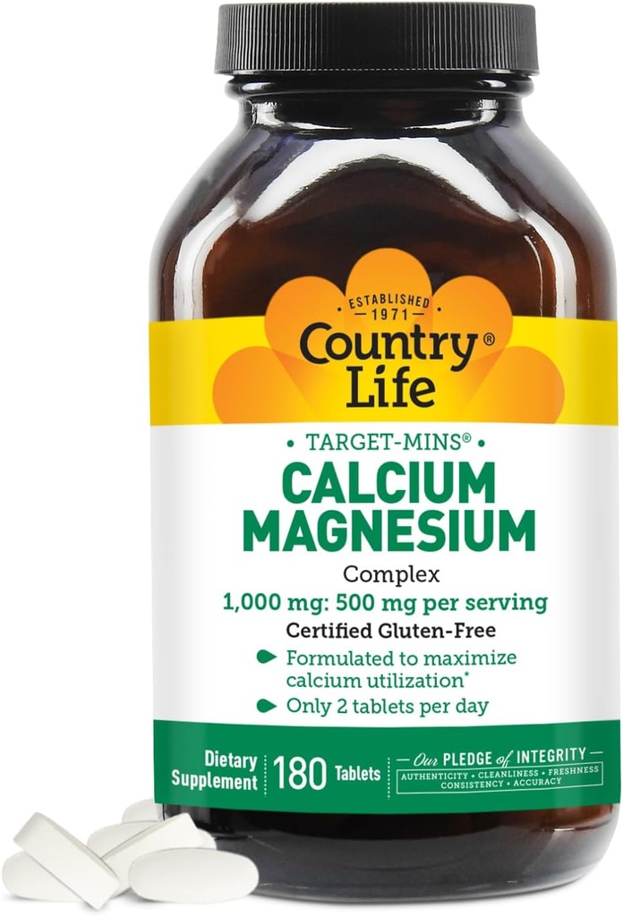 Country Life Target-Mins Calcium Magnesium Complex 1000mg/500mg, 180 δισκία, Certified Gluten Free, Certified Vegan, Certified Non-GMO Επαληθευμένο
