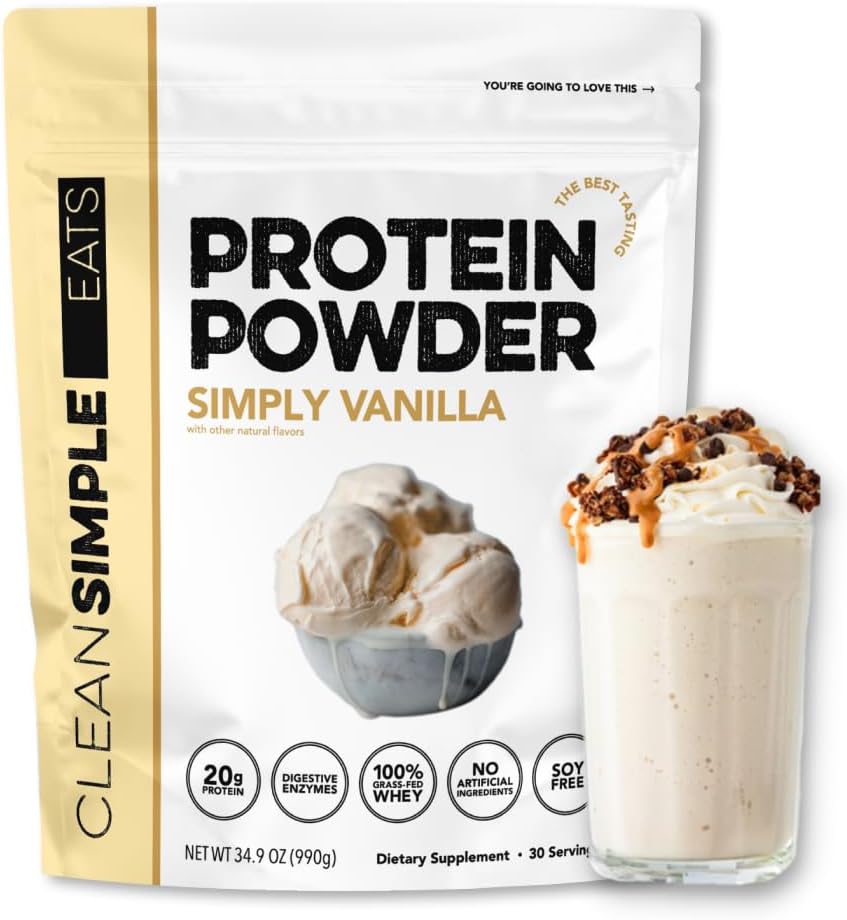 Temiz Basit Yemekler Whey Protein Tozu, Sadece Vanilla Flavor Doğal olarak Tatlılandı, 100% Grass Fed Protein Tozu Digestive Enzymes & No Yapay Malzemeler, Gluten Ücretsiz, 30 Hizmet