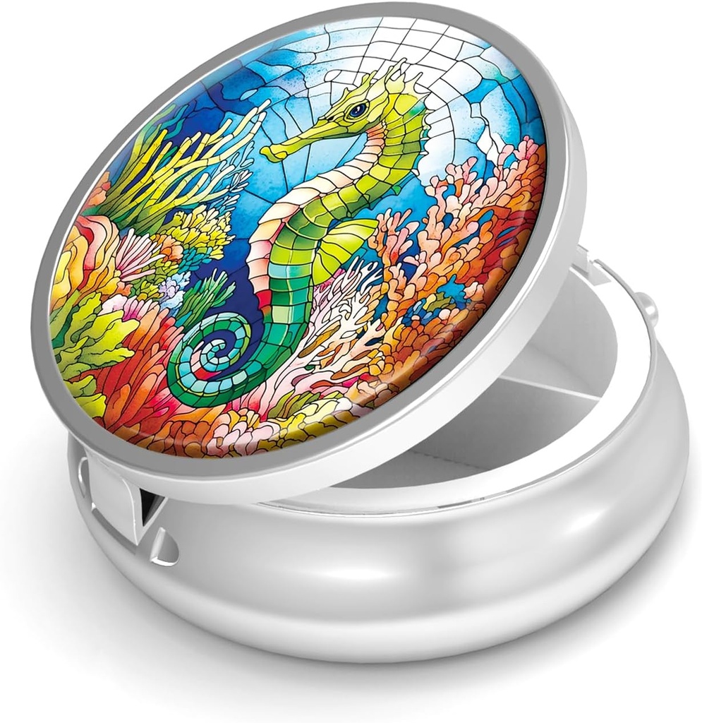 Pill Box-3 Karşılaştırma Küçük Pill Case for Purse & Pocket Mini Metal Pill Holder Travel Pill Container to Hold Supplements Antivirus-Free (Seahorse)