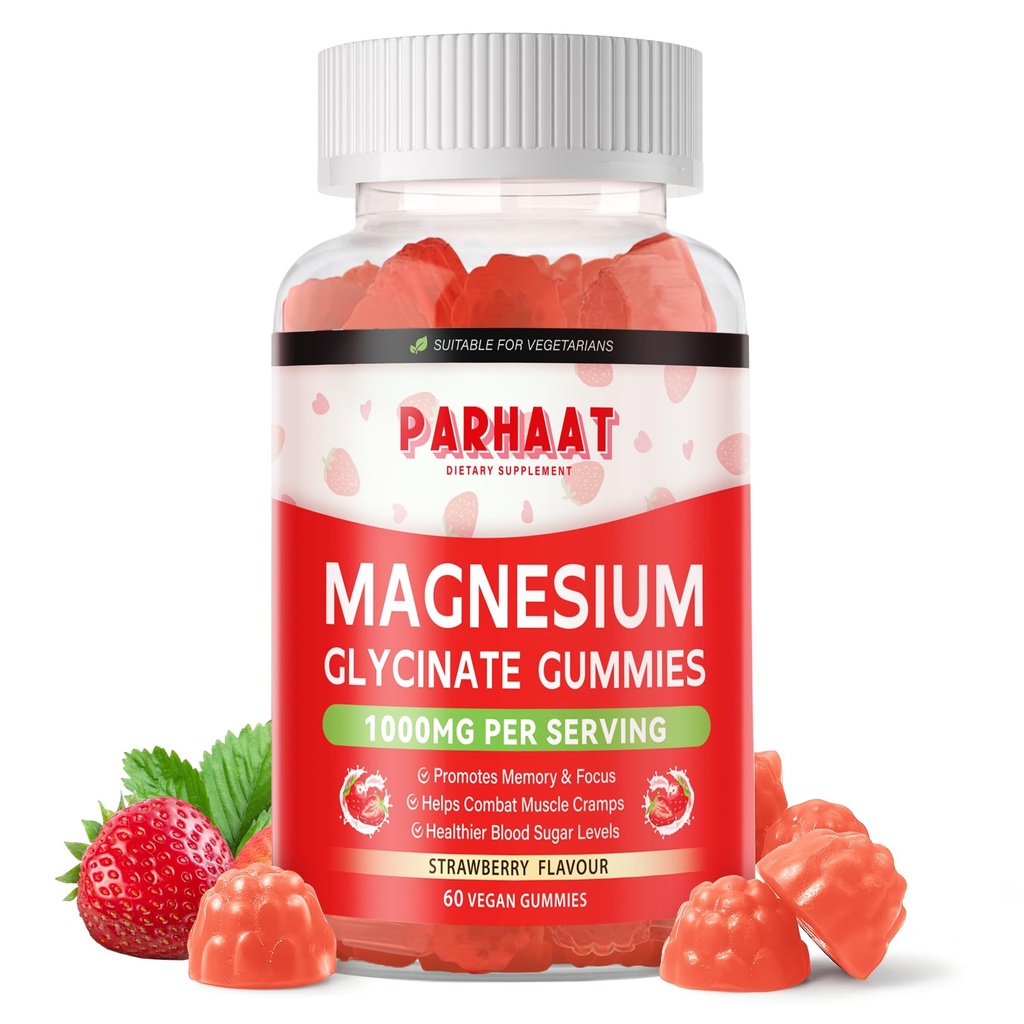Magnezyum Glycinate Gummies - Şeker Ücretsiz Magnezyum Pyum Vitamin D, B6, CoQ10 Calm Mood & Sleep Support - 60 Strawberry Chews