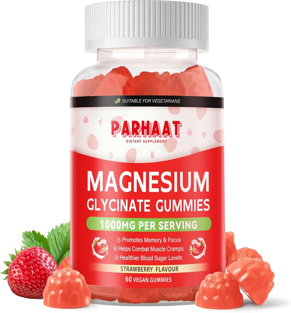 Magnezyum Glycinate Gummies - Şeker Ücretsiz Magnezyum Pyum Vitamin D, B6, CoQ10 Calm Mood & Sleep Support - 60 Strawberry Chews