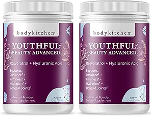 Body Kitchen Youthful Beauty Advanced, Collagen, Toz for Beautiful Hair Skin Nails, Resveratrol and Hyaluronic Acid for Anti-Aging & Antioxy Support, Grass Fed (Pack of 2)