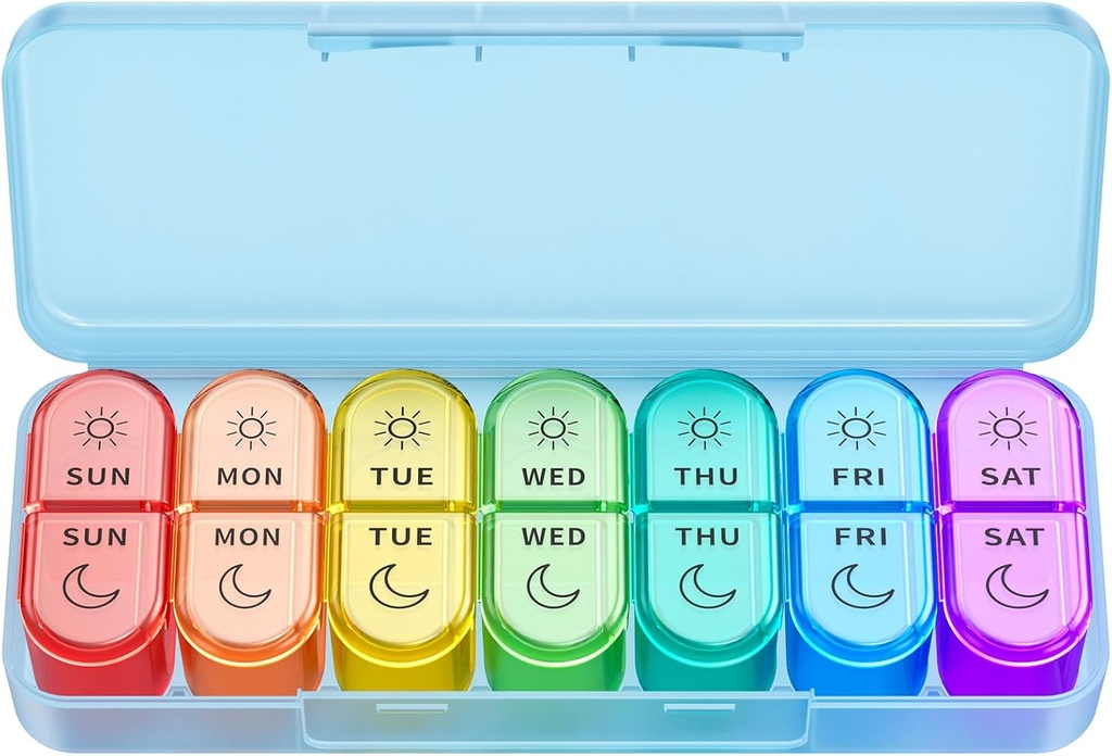Weekly Pill Organizer 2 Times a Day - AM PM Pill Organizer with 7 Daily Color-Coded Small Cases, Morning and Night Travel Pill Cases for Vitamins, Medicine, & Supplements