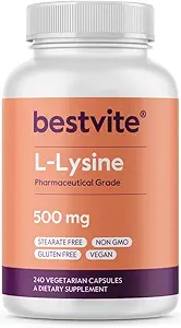 BESTVITE Filler-Free L-Lysine 500 mg (240 Veg Capsules) - Vegan - No Stearates or Fillers - Non GMO - Gluten Free - No Dicalcium Phosphate - Amino Acid Supporting Skin, Lip & Immune Health*