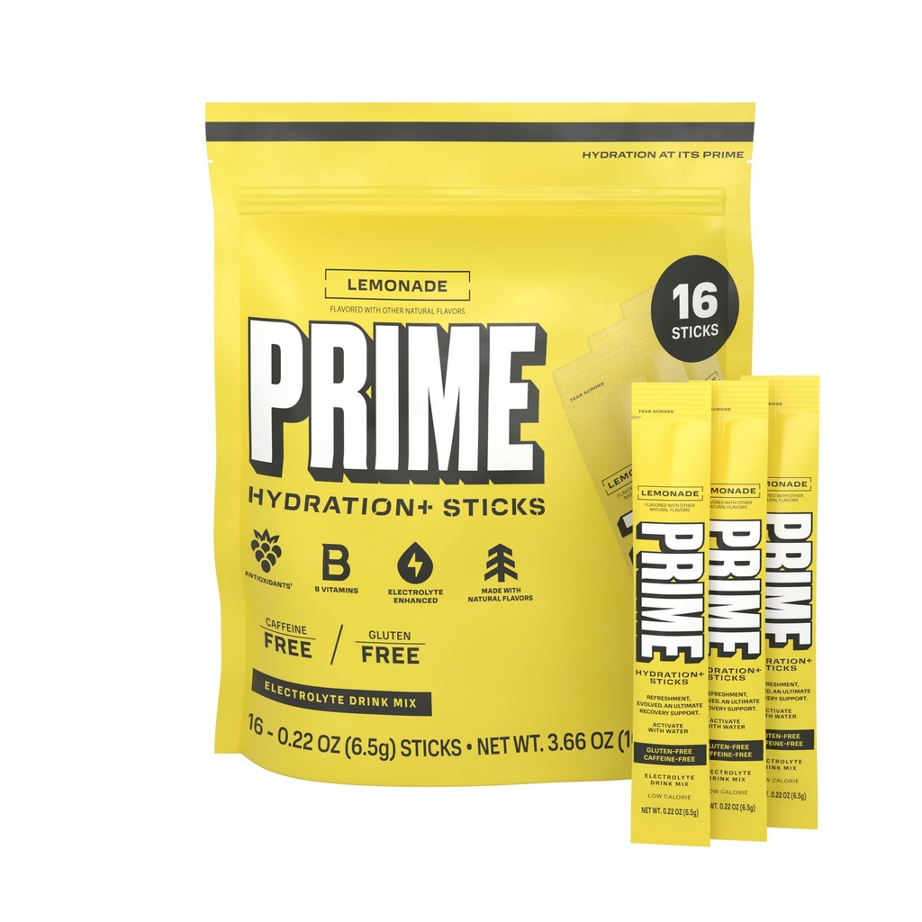 PRIME HYDRATION+ Sticks Lemonade | Hydration Toz Single Serve Sticks | Electrolyte Toz On The Go | Low Sugar | Caffeine-Free | Vegan | 16 Sticks