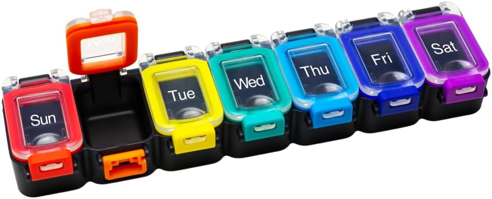 EZY DOSE Weekly (7-Day) Daily Pill Planlayıcı, Tıp Davası, Vitamin Organize Konteyner, Su geçirmez Reçeteli İlaçlara Karşı Kombinasyonlar ve Kazalı Spilling'i Önlemek, Rainbow