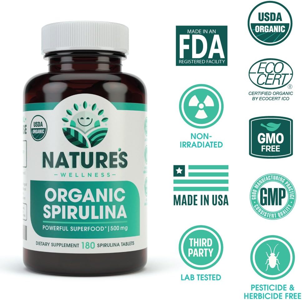 USDA Organik Spirulina Tabletleri - Non-GMO Green Superfood Supplement: 3000 mg of Fresh Blue Green Algae, Vegan, Gluten Free, Sustainable Grown, Pesticides Free and Non-Irradiated, 500 mg per Tablet, 180'