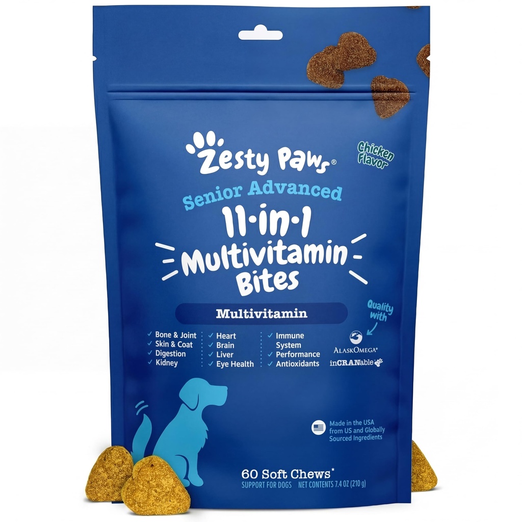 Zesty Paws Senior Dog Multivitamin Tedavileri - Köpekler için Glucosamine + Digestive Enzymes & Probiyotikler - Skin & Coat + Immune Health Chicken - Advanced - 60ct