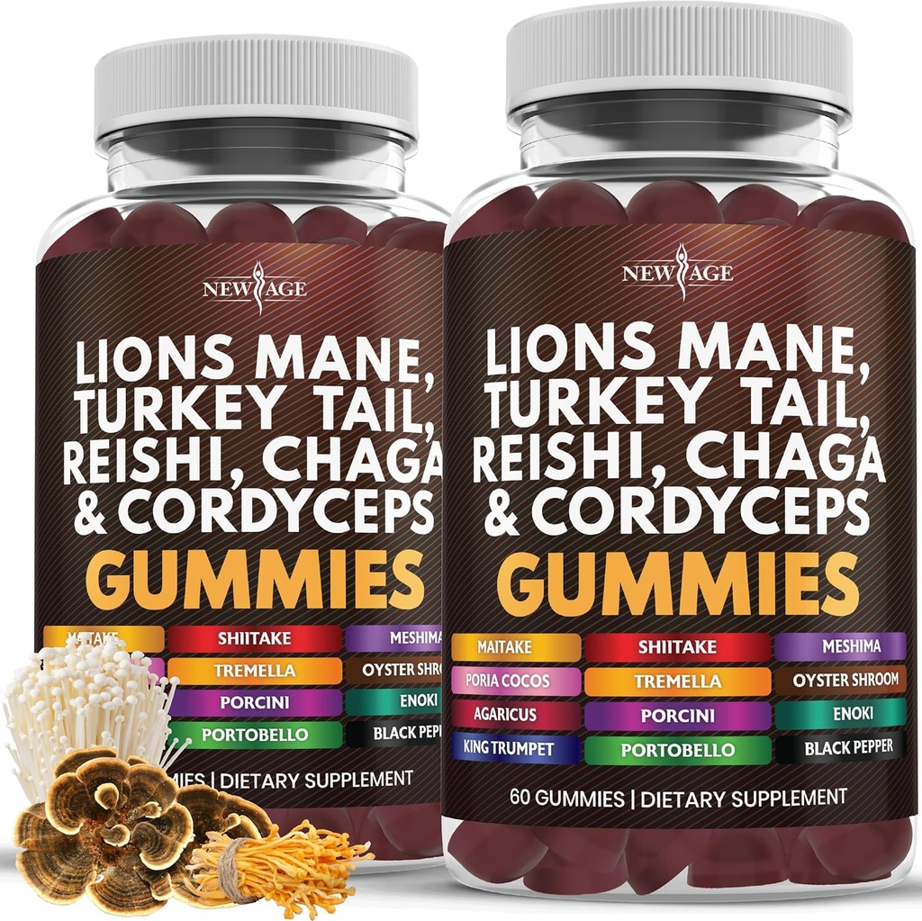 NEW AGE Mushroom Lion's Mane Supplement Gummies - Bilişsel ve Immune Support için Kapsamlı Mushroom Supplement, Reishi, Cordyceps - 120 Count Count Count Count