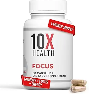10X Health Focus Rhodiola Rosea - Συμπληρώματα εγκεφάλου για μνήμη και εστίαση - 60 κάψουλες συμπλήρωμα εστίασης, συμπλήρωμα μνήμης για την υγεία του εγκεφάλου με Ginkgo Biloba, Huperzine A - Ginkgo Biloba κάψουλες